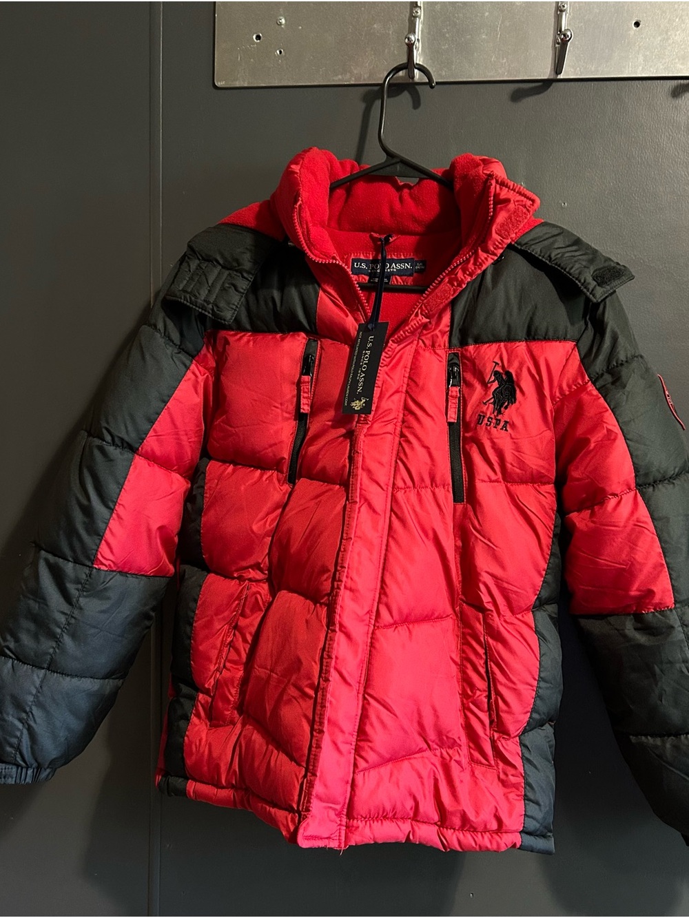 NWT U.S. Polo Assn. Kids Red and Black Colorblock Puffer Jacket